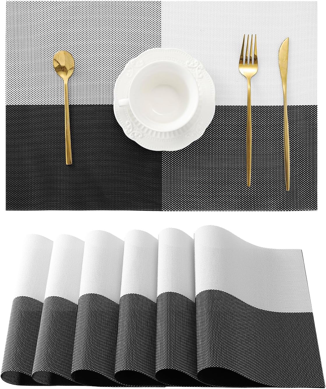 Leetaltree Gray with White Grid Pattern Placemats Set of 6 - Heat Resistant Non-Slip Place mats for Dining Table, Washable Durable PVC Vinyl Woven Table Mats(Grey Grid, 6)