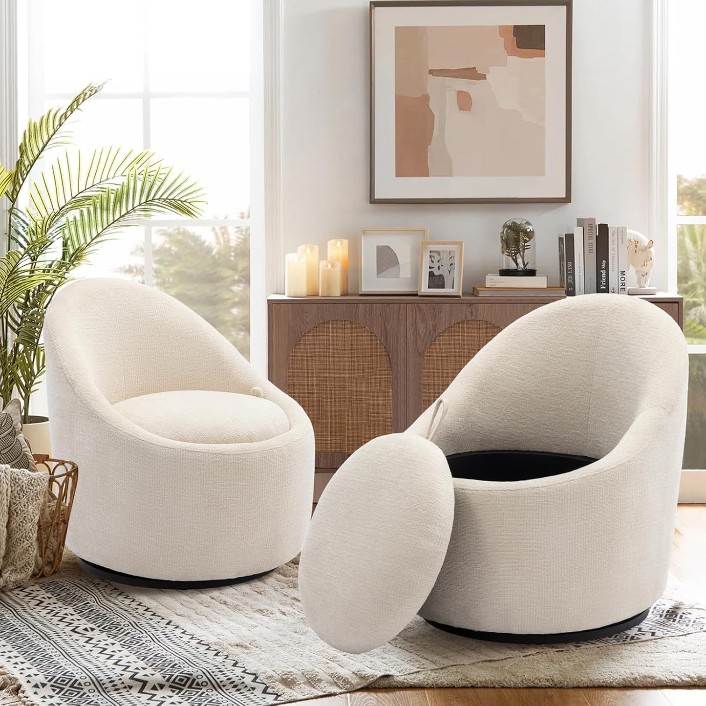 COLAMY Swivel Accent Chair Set of 2, 360° Swivel Round Chair with Hidden Storage, Modern Small Barrel Armchair for Living Room/Bedroom, Beige