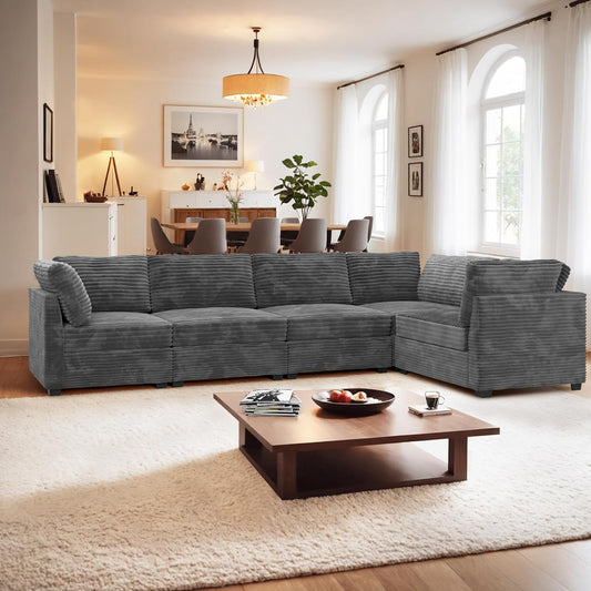 ovios Sectional Sofa Couch with L-Shape Chaise Convertible, Comfy Modular Cloud Couches with Deep Seat, Modern Upholstered Plush Corduroy Sofas Set for Living Room, 5-Seater, Grey
