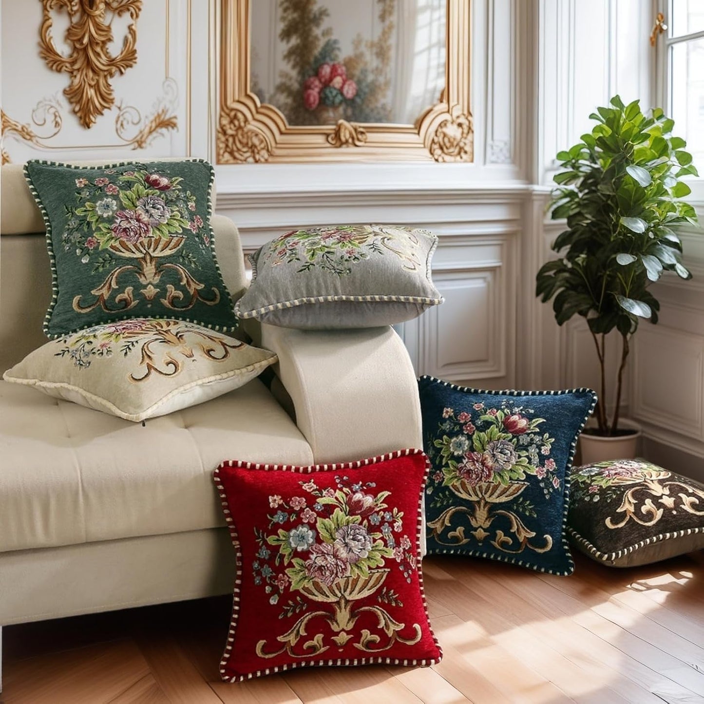 Set of 2 Blue Vintage Embroidered Throw Pillows Covers 18x18in,Vintage Decorations Floral Embroidered Cushion Cover for Sofa Couch Bed Chairs Car