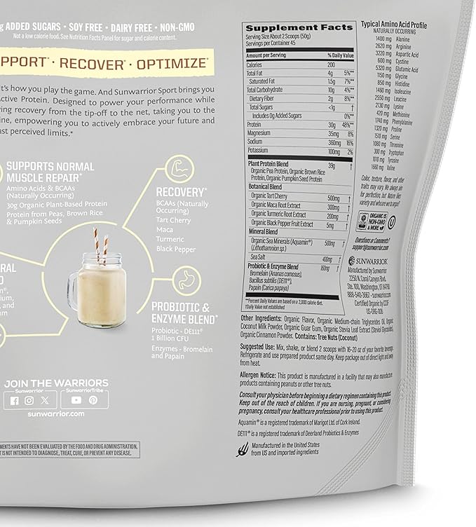 Sunwarrior Vegan Protein Powder USDA Organic Protein Powder Blend | Plant Based BCAA Sugar Free Gluten Free Non-GMO Dairy Free | Vanilla 4.96lbs | Sport Organic Active Protein