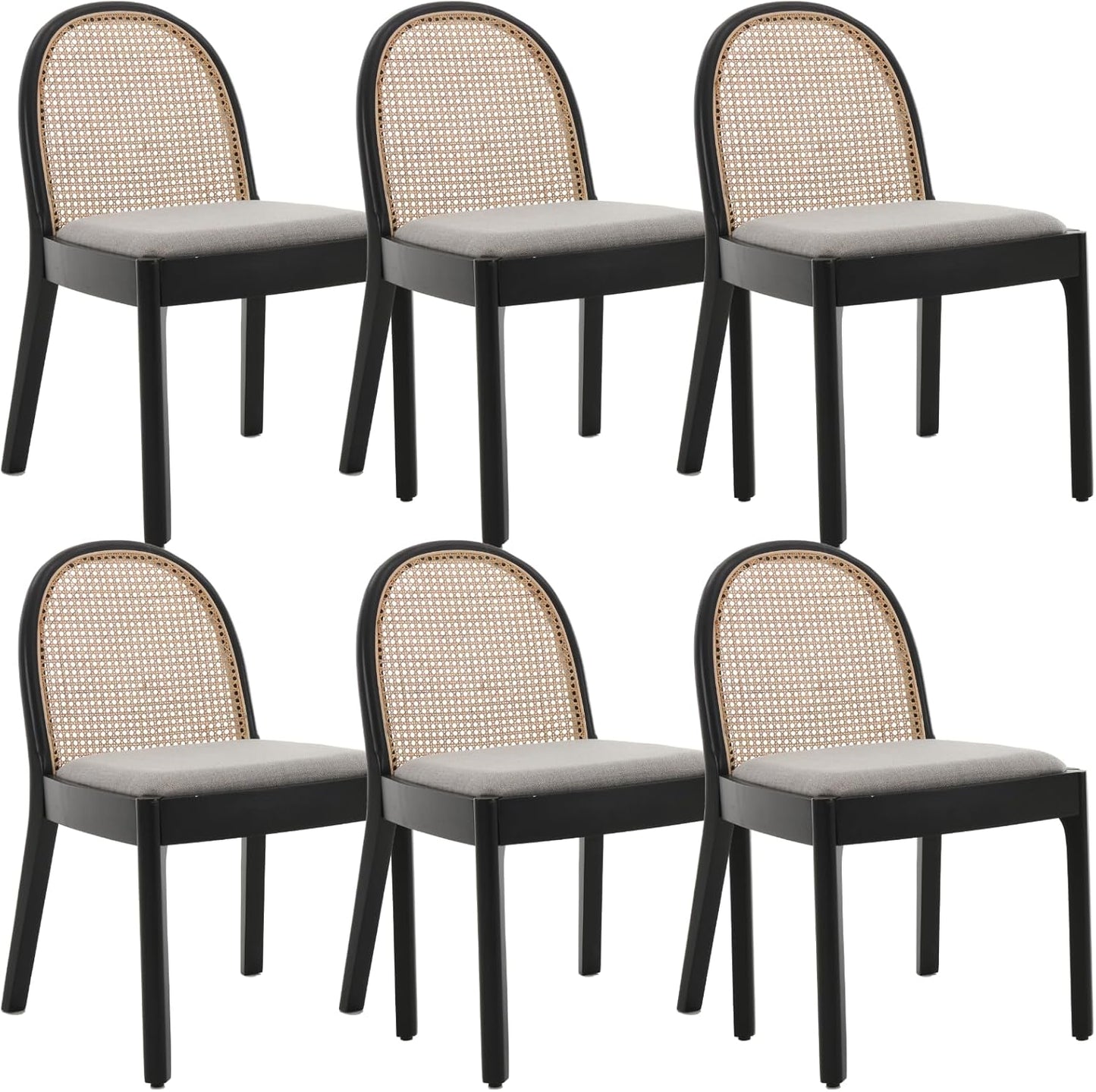 Mid Century Dining Chairs Set of 6, Accent Rattan Side Chairs Linen Fabric Kitchen Chair with Solid Wooden Legs for Living Room Dining Room, Grey