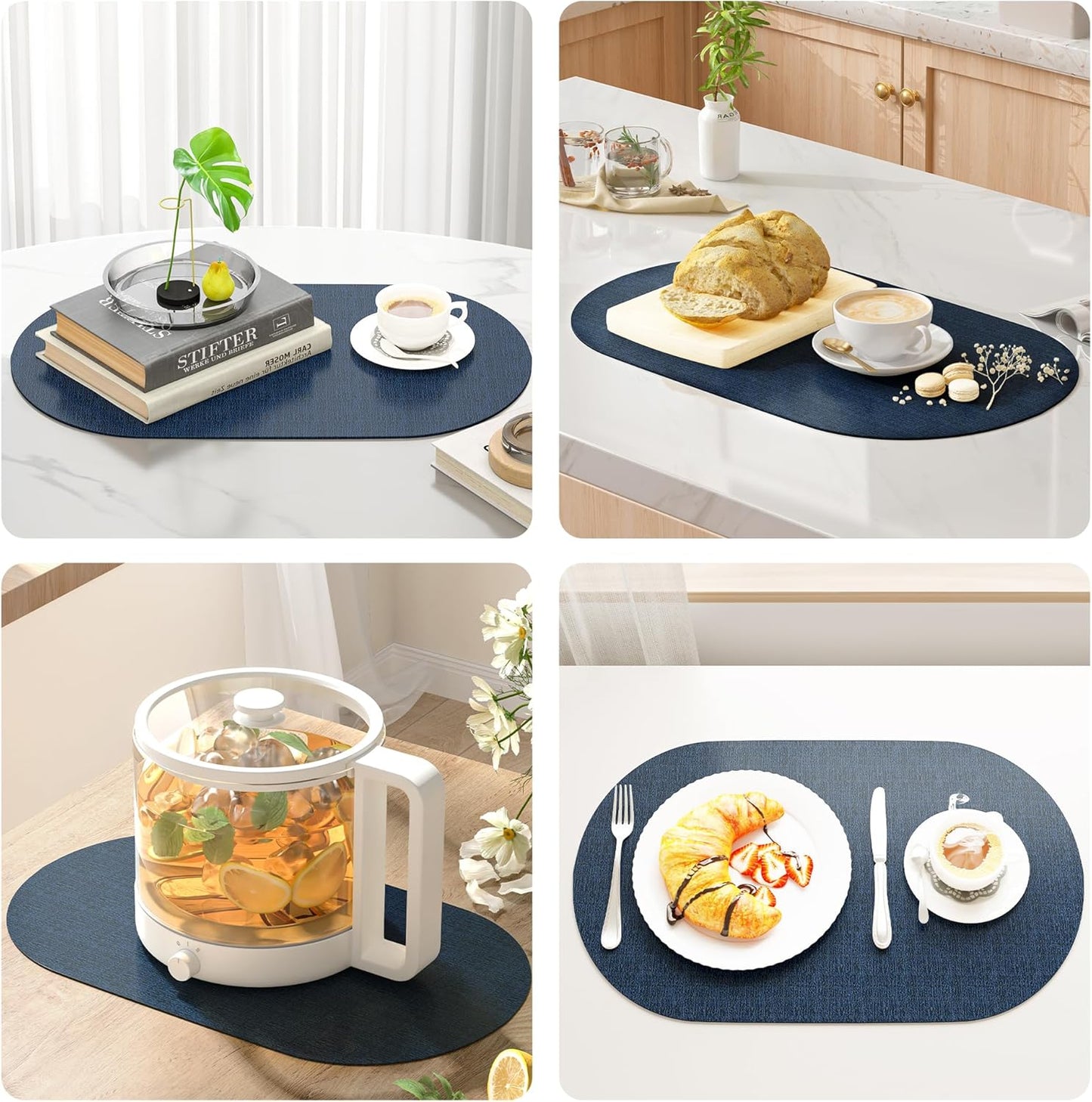 DOLOPL Large Placemats Set of 6, Oval Reversible Wipeable & Non-Slip Place Mats, Modern Faux Leather Table Mats for Kitchen, Neutral Tablemats for Dining Table Decor, Wedding, Party(Navy Blue)