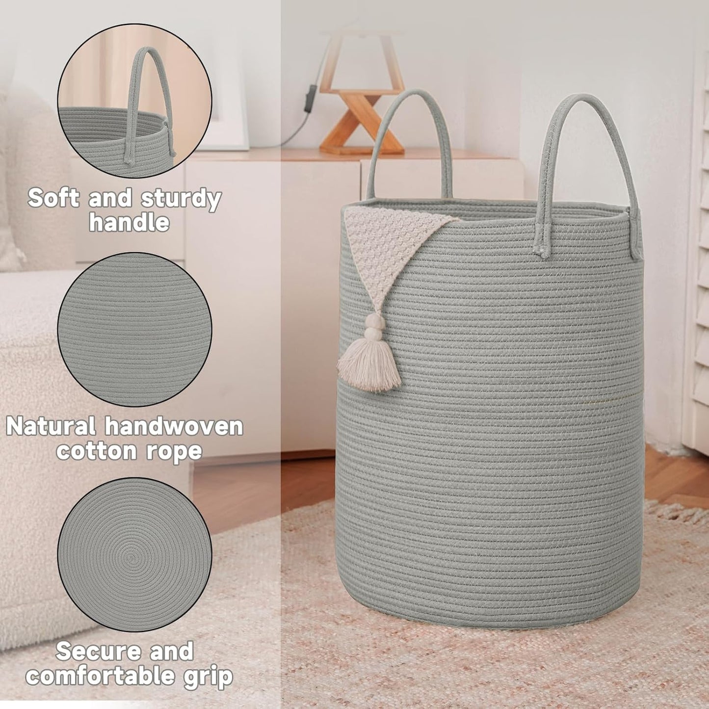 Large Woven Laundry Basket Hamper,80L Cotton Rope Storage Bin for Blankets,Toys and Clothes,Decorative Tall Nursery Hamper for Living Room,Baby Nursery,Bathroom and Bedroom,Grey