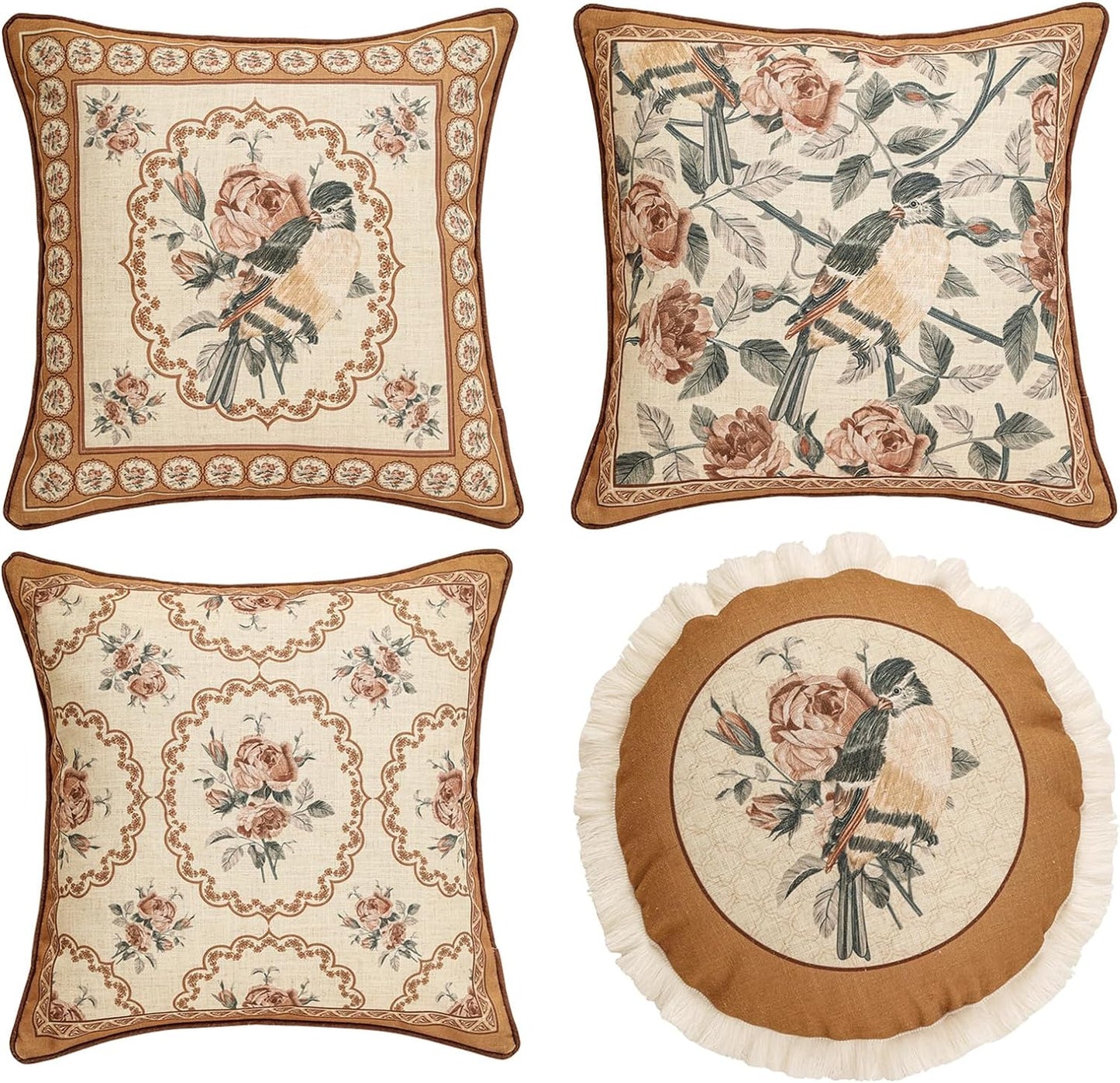 patdrea Designer Vintage Floral Throw Pillow Covers for Couch Set of 4,Brown Yellow Linen Pillowcases with Bird and Rose Pattern Decorative Cushion Cover for Bedroom Living Room Outdoor Car Cafe