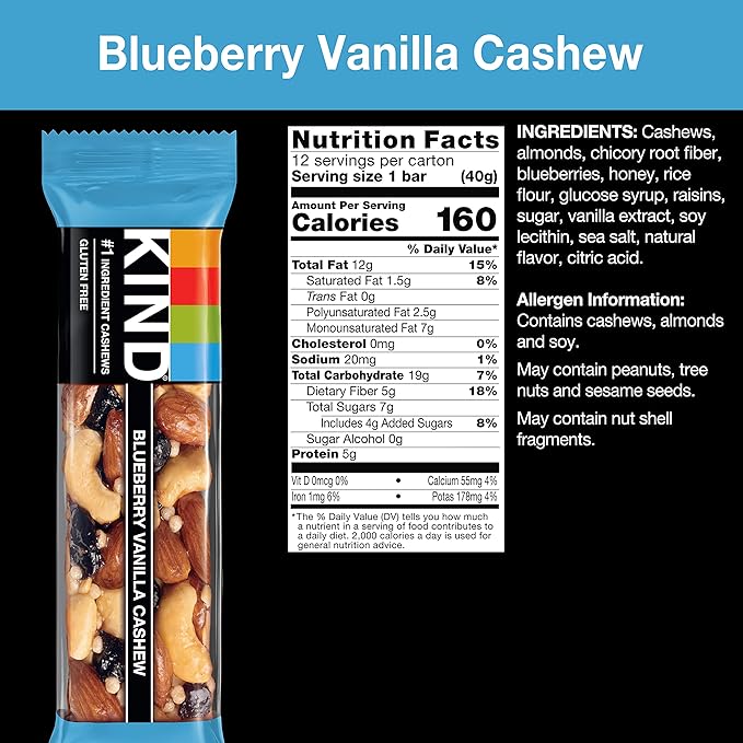 KIND Bars, Blueberry Vanilla Cashew, Healthy 5g Protein, 12 Count