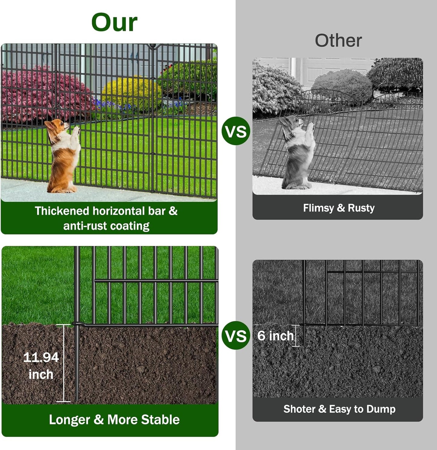 No Dig Decorative Garden Fence 5 Panels with Gate, 40 in (H) x 11.8 ft (L), Dog Fence Outdoor for Yard,Rustproof Metal Animal Barrier Ground Stakes Fencing for Garden, Patio, Flower Bed