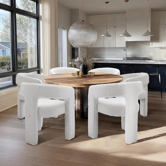 White Boucle Dining Chairs Set of 6, Modern Barrel Dining Room Chairs Upholstered Faux Fur Accent Chair with Arms and Round Back for Living Room Kitchen Armchair No Assembly Needed