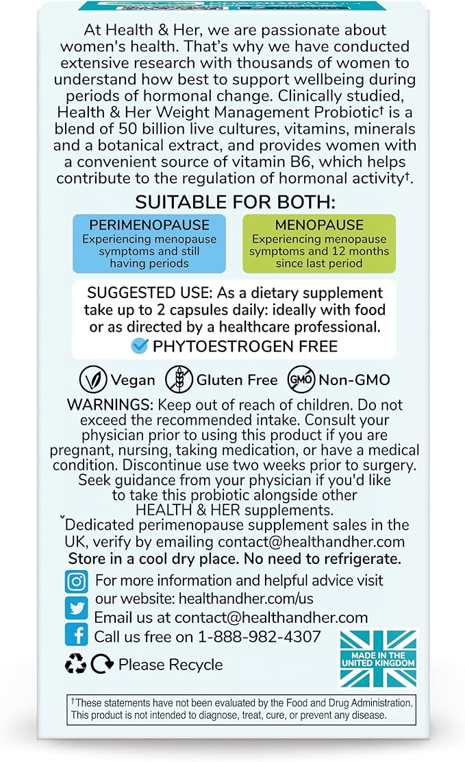 Health & Her Weight Management Probiotic | Perimenopause & Menopause - Clinically Studied 50bn CFU probiotic to Support Gut Health, Energy, Mood & Mind. 1 Month Supply - 60 Vegan Tablets