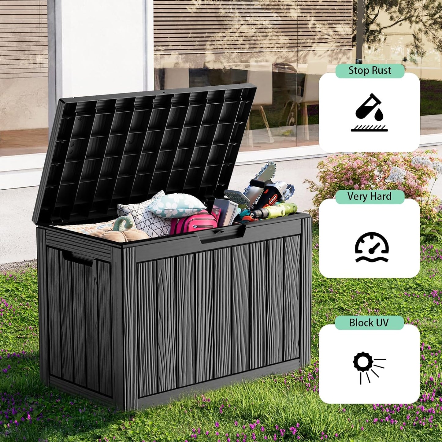 45 Gallon Resin Deck Box, Lockable Outdoor Storage Box for Patio Cushions Storage Furniture,Garden Tools, Pool Supplies, Weatherproof and UV Resistant(Black)