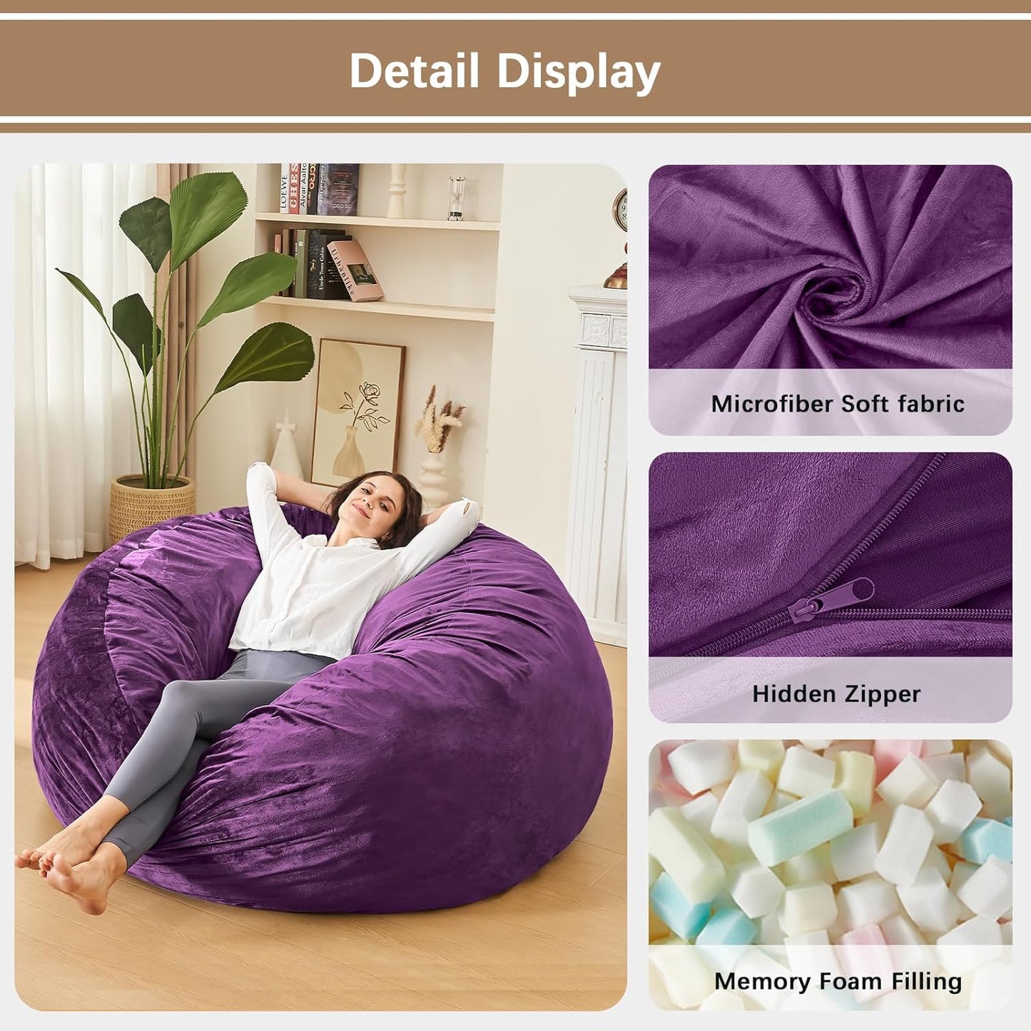 Bean Bag Chairs for Adults - Memory Foam Furniture BeanBag Chair - Kids/Teens Sofa with Soft Micro Fiber Cover - Round Fluffy Couch for Living Room Bedroom College Dorm - 3 ft, Purple