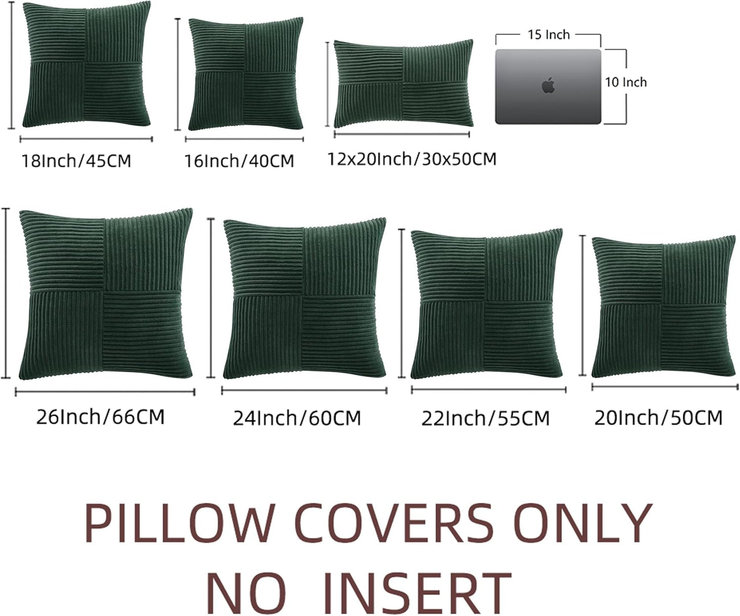 Fancy Homi Set of 2 Dark Green Samll Decorative Throw Pillow Covers 14x14 Inch for Living Room Couch Bed, Boho Farmhouse Forest Green Home Decor, Soft Corss Corduroy Patchwork Textured Cushion Case