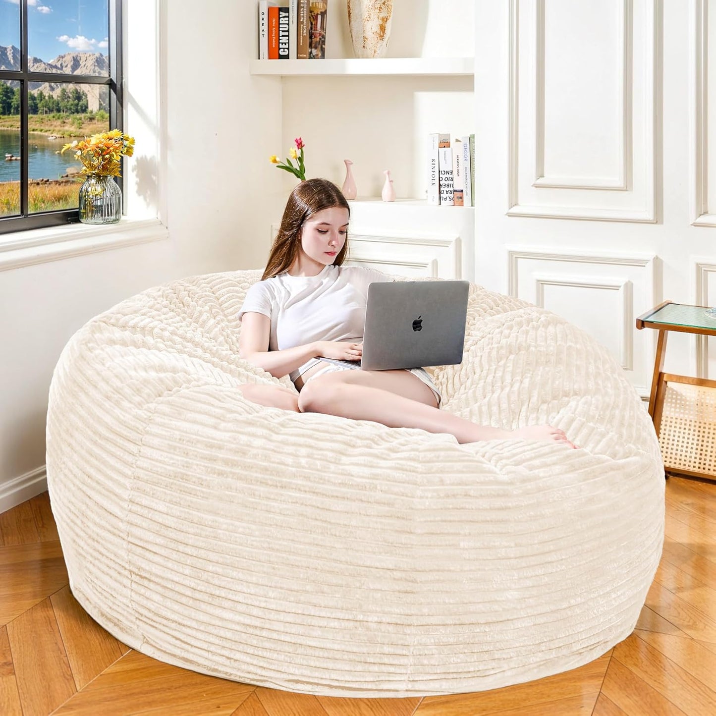 Large Bean Bag Chair, 5FT Giant Beanbag Chairs with Memory Foam Filled, Bean Bag Chairs for Adults, Ultra Soft Lazy Sofa for Living Room Bedroom (White)