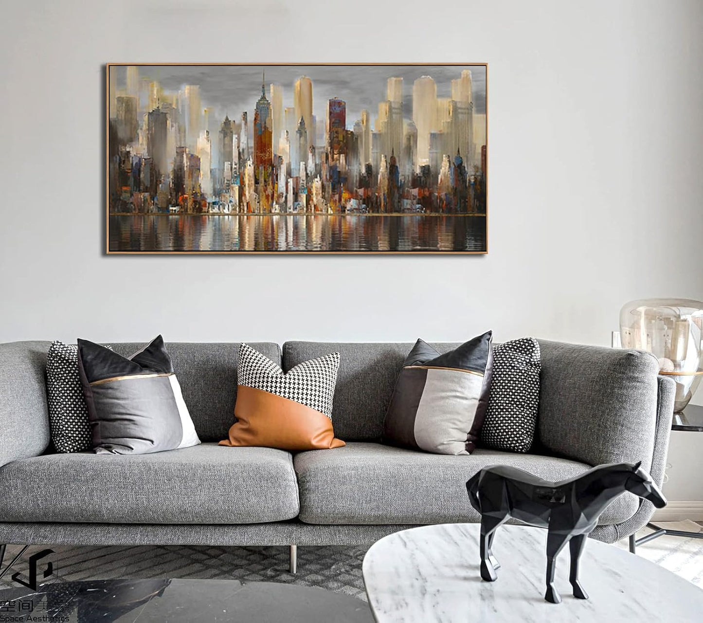 Mofutinpo Abstract Modern Canvas Wall Art for Living Room Cityscape New York Wall Decor City Theme Paintings Brown Framed Pictures Office Artwork Wall Decor Bedroom Above Bed