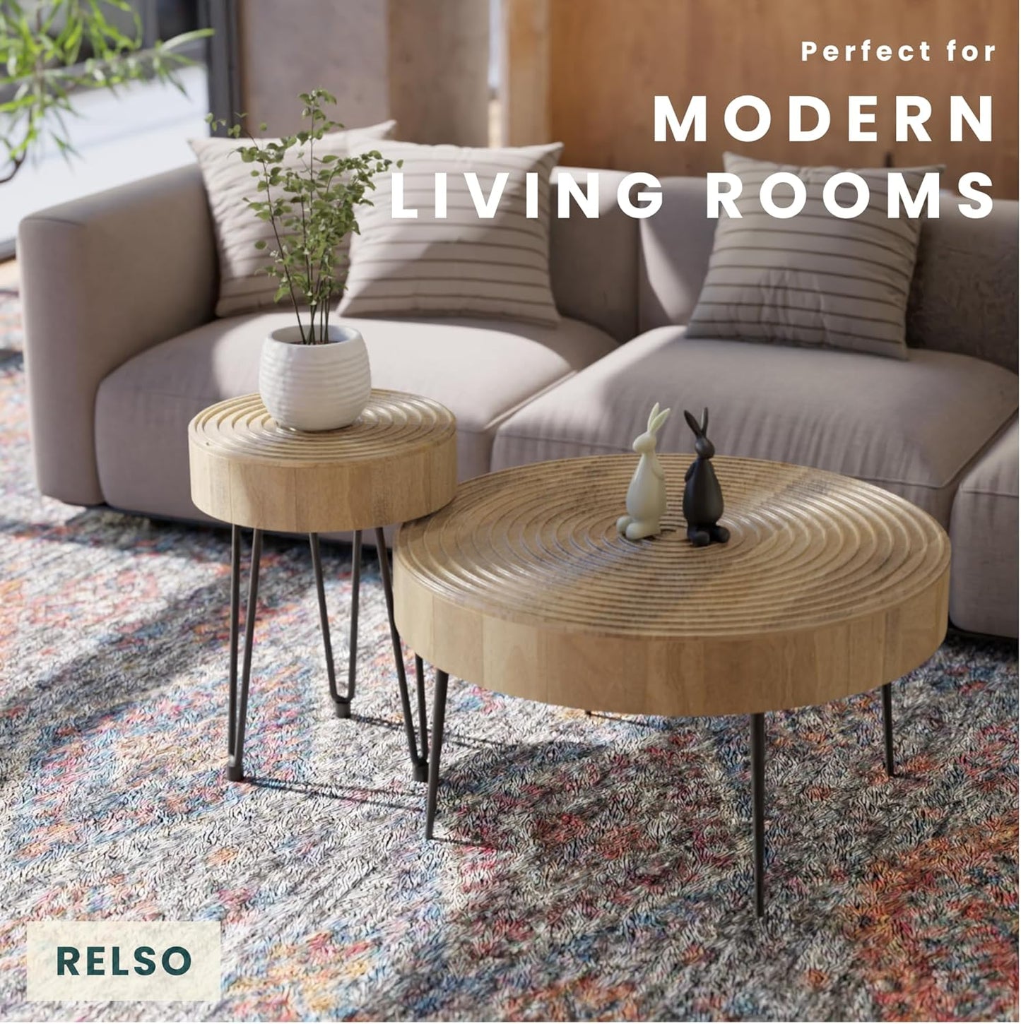 Relso Aspen Round Nesting Coffee Table Set of 2 – Solid Wood Nesting Tables with Metal Legs, Natural Finish | End Table with Ring Pattern | Modern Accent Tables for Living Room, Boho, Farmhouse Decor