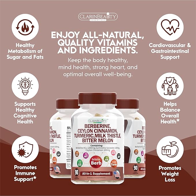 ClarinBeauty Premium Berberine 1200mg Ceylon Cinnamon 100mg Tumeric 50mg Milk 50mg Bitter 50mg Artichoke 50mg with 90 Capsules