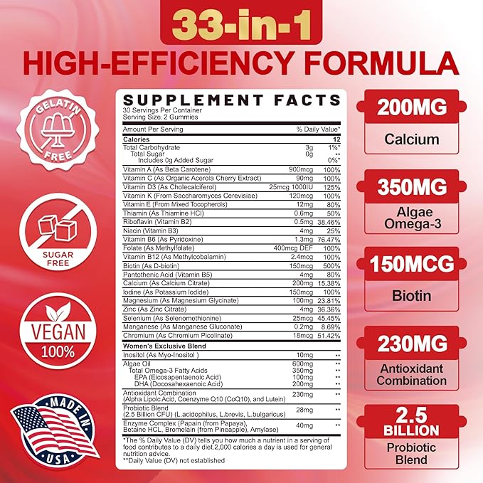 Sugar-Free Women's Multivitamin Gummies - Multivitamin Filled Gummies with Omega-3, Enzymes & Antioxidant Blend to Support Overall Health, Immunity, Hair, Nails & Skin Health. Womens Vitamins - 120 ct