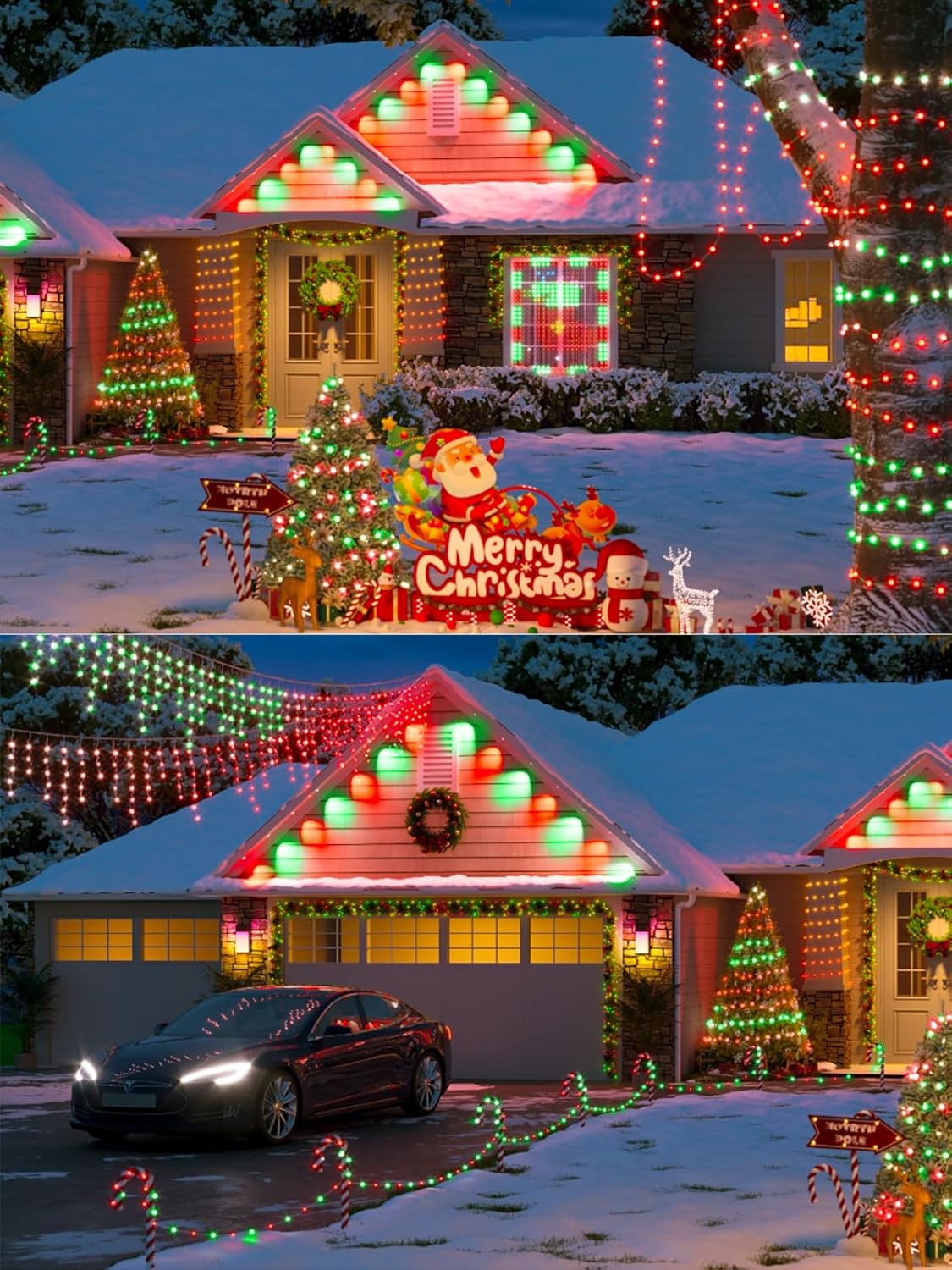 Red Green Solar Christmas Lights Outdoor Decorations Waterproof, Tatal 4 Pack 400LED 132FT Solar String Lights Green Wire with 8 Modes, Christmas Fairy Light for Xmas Tree Party Wedding Garden Decor