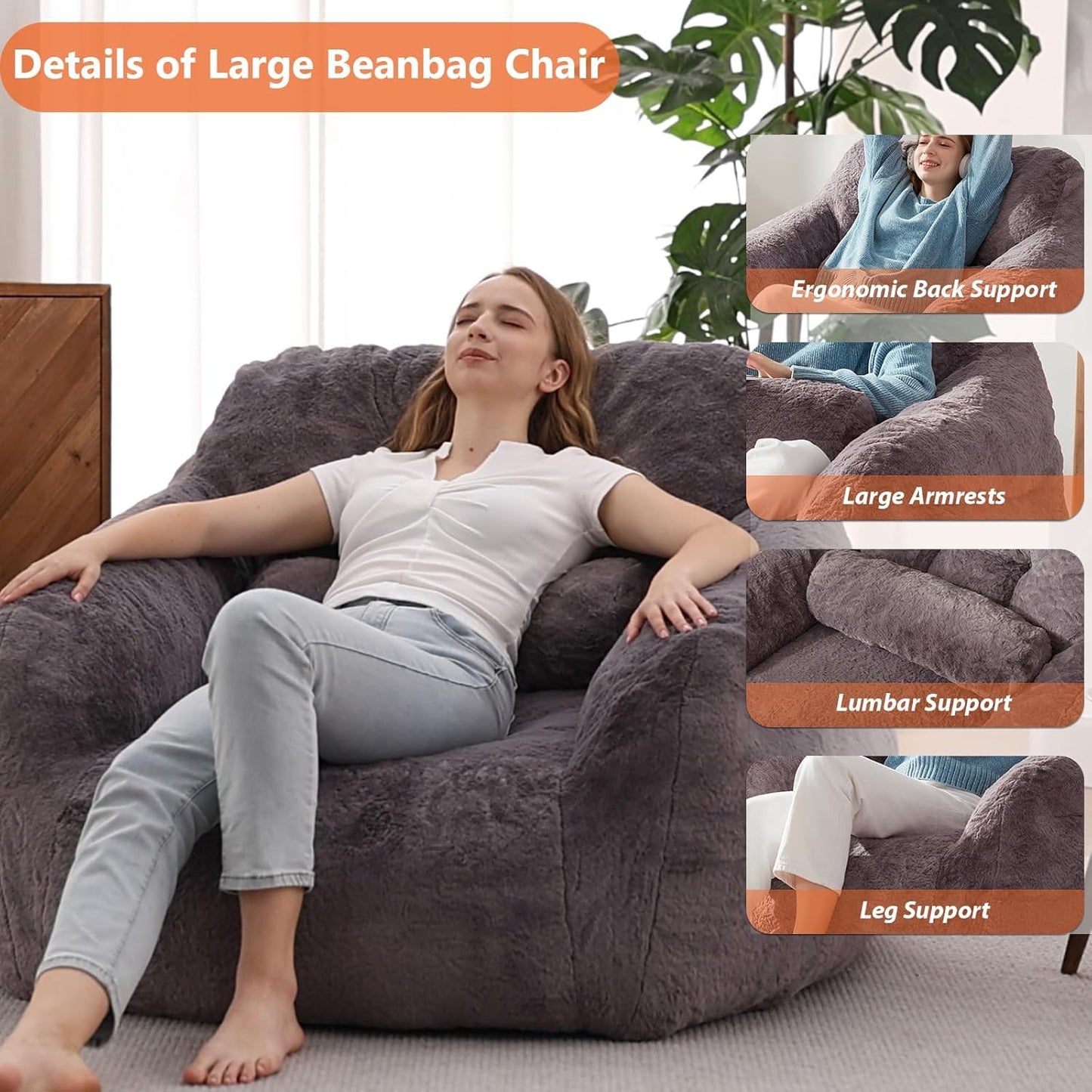 Bean Bag Chair for Adults with Pillow,Oversized Bean Bag Couch Chairs for Adults,Giant Lazy Couch Sofa Chairs with Filler,Large Reading Chair for Living Room Bedroom,Dark Gray