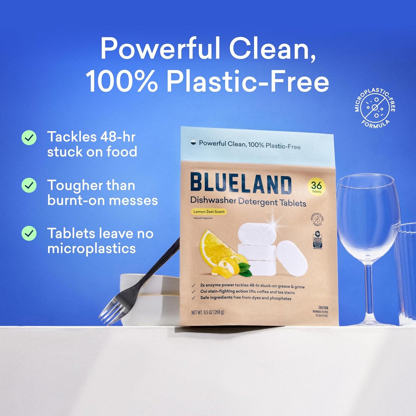 BLUELAND 100% Plastic-Free Dishwasher Detergent Tablets, 36 Count, Lemon Zest Scent, Eco Friendly Dishwashing Pods, Natural, Sustainable