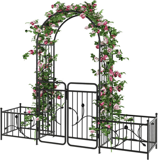 YITAHOME 87" H Metal Garden Arbor with Gate & Planter Boxes, Black Archway for Weddings Ceremonies, Garden Arch Outdoor for Roses & Climbing Plants on Patio, Lawn & Backyard