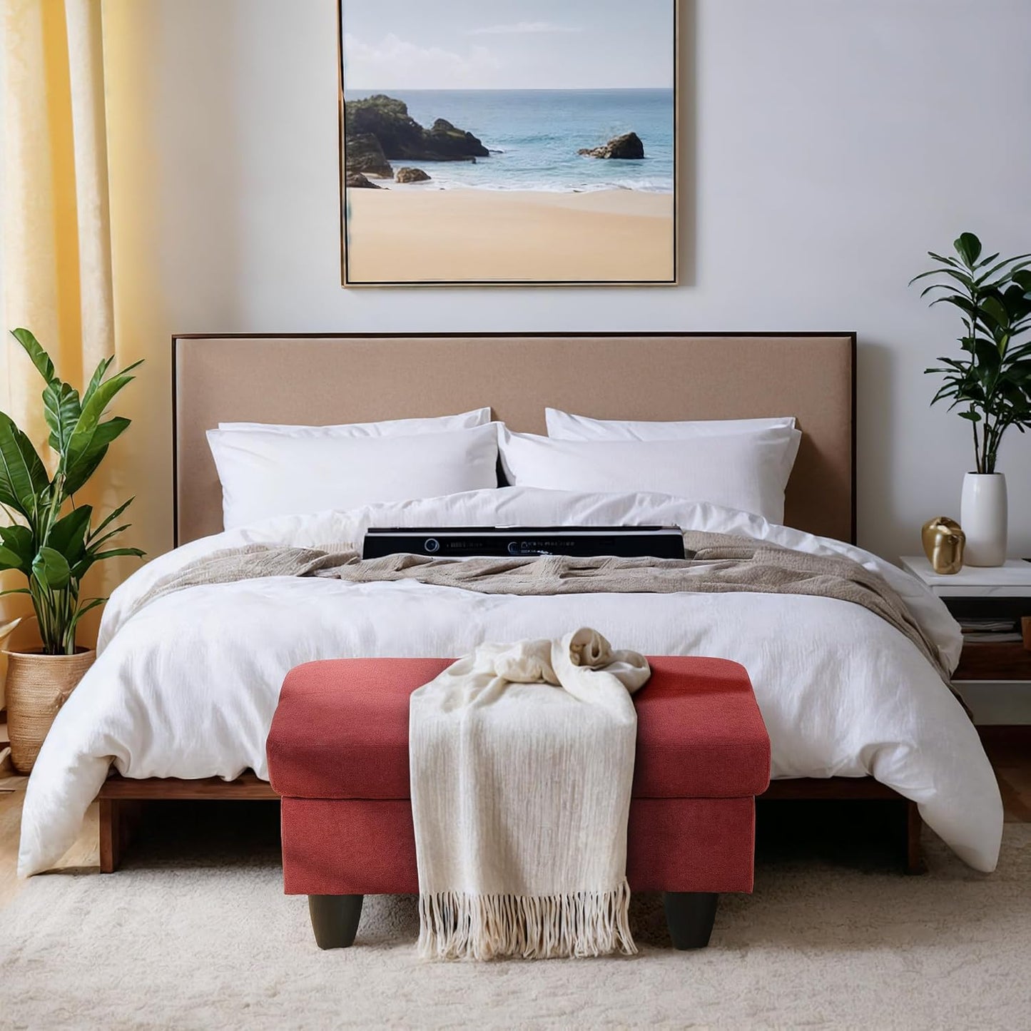 Ottoman Rectangular Storage Ottoman Bench, Flannel Footrest Stool Footstool with Lid for Living Room, Bedroom, Entryway, Red, 28.5"x19"x17.5"