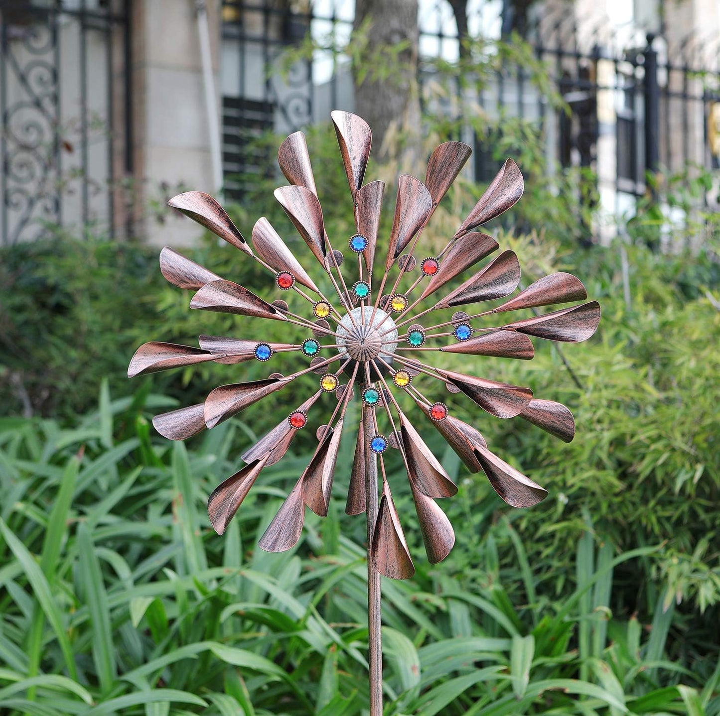 Large 79In Copper Kinetic Wind Spinner Multi-Color Seasonal LED Lighting Solar Powered Glass Ball Metal Wind Catchers Spinner for Patio Lawn & Garden Decorations
