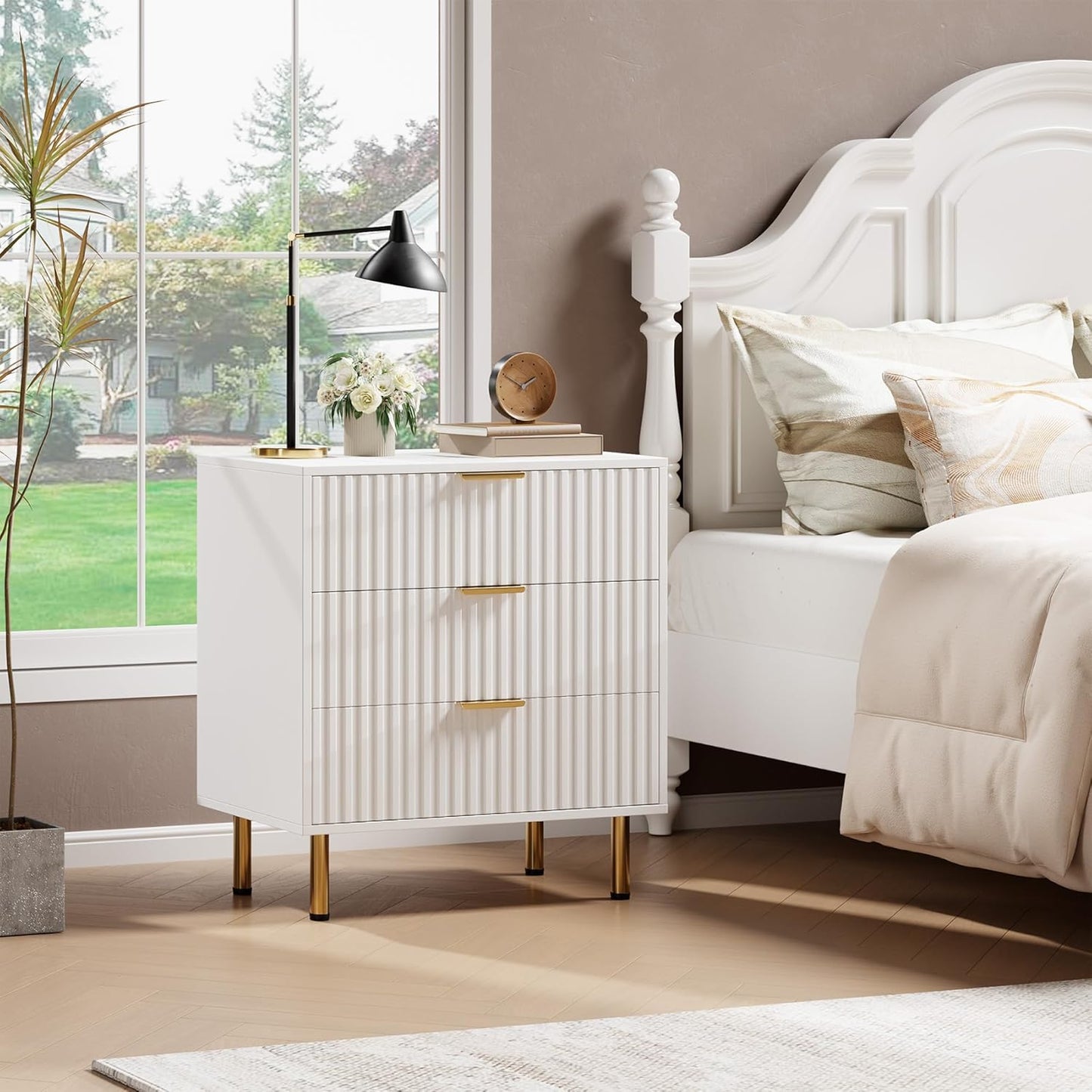 White 3 Drawer Dresser for Bedroom, Fluted Modern Nightstand with Deep Drawers, Chest of Drawers with Wide Top, Wooden Dresser Organizer, Side Table for Living Room, Hallway, Kids Room