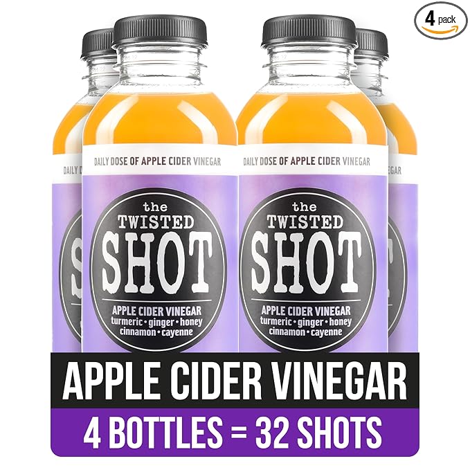 The Twisted Shot | Apple Cider Vinegar Wellness Shots with Honey, Cinnamon, Ginger and Turmeric | Digestion, Immunity and Gut Health Support | Ready to Drink Shots | 100% Organic | 4, 16 oz Bottles