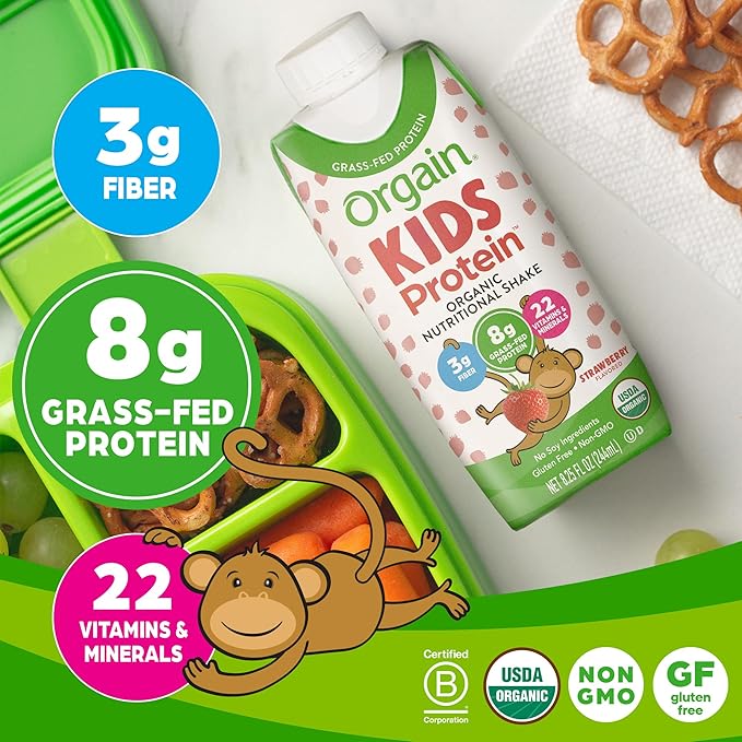 Orgain Organic Kids Nutritional Protein Shake, 8g Dairy 3g of 22 Vitamins 8.25 Fl 12)