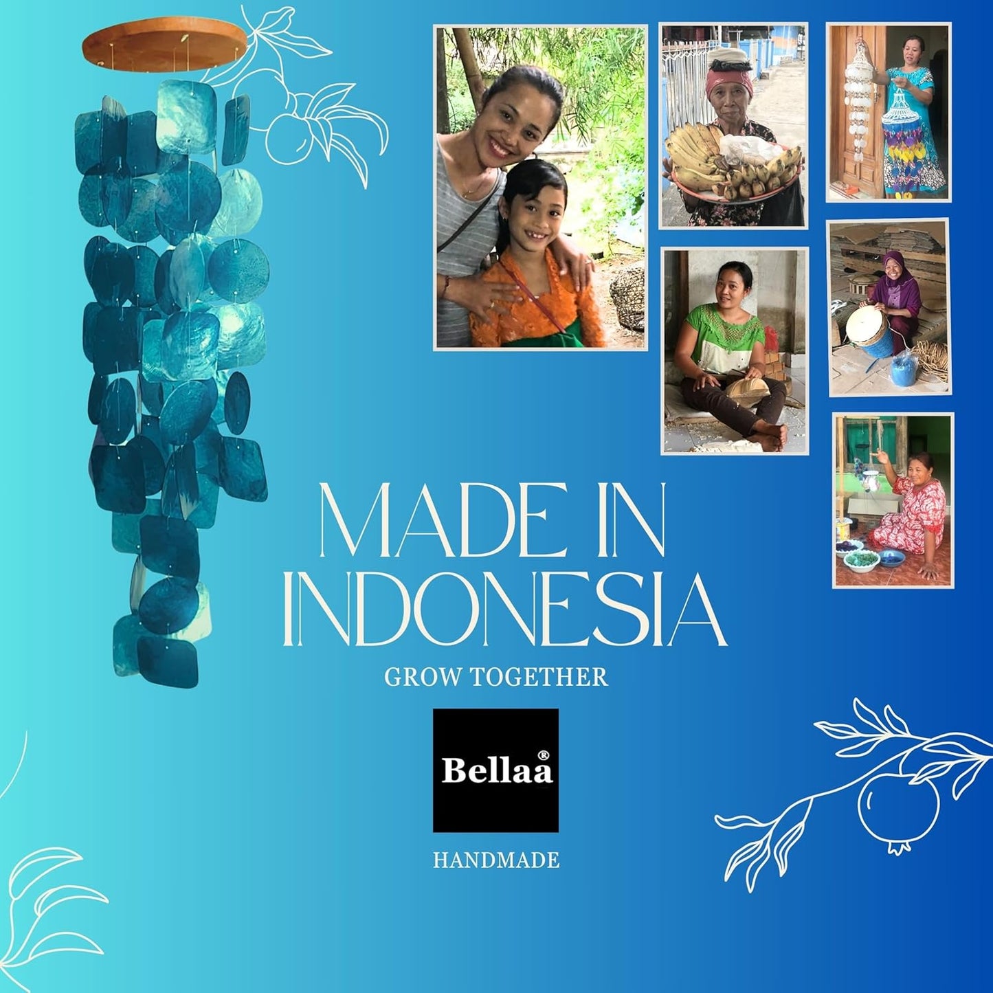 Bellaa 22906 Wind Chimes Outdoor, Garden Decorations, Musical, Indoor/Outside Windchimes, Beach, Ocean Breeze, Gifts for Mom, Gift for All Occasions, Capiz Sea Glass Shells Wood White Blue Green