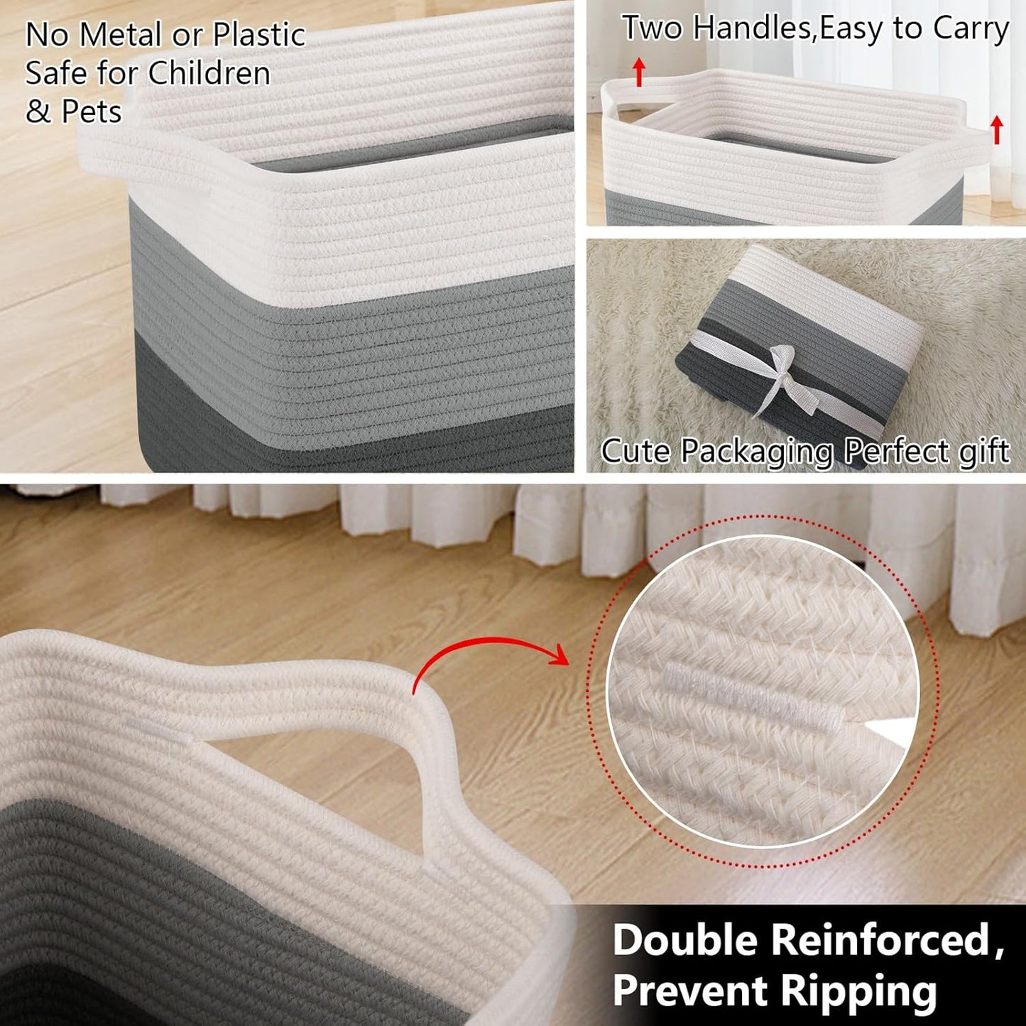 OIAHOMY Storage Basket, Woven Baskets for Storage, Cotton Rope Basket for toys,Towel Baskets for Bathroom - Pack of 3, Gradient Dark Gray