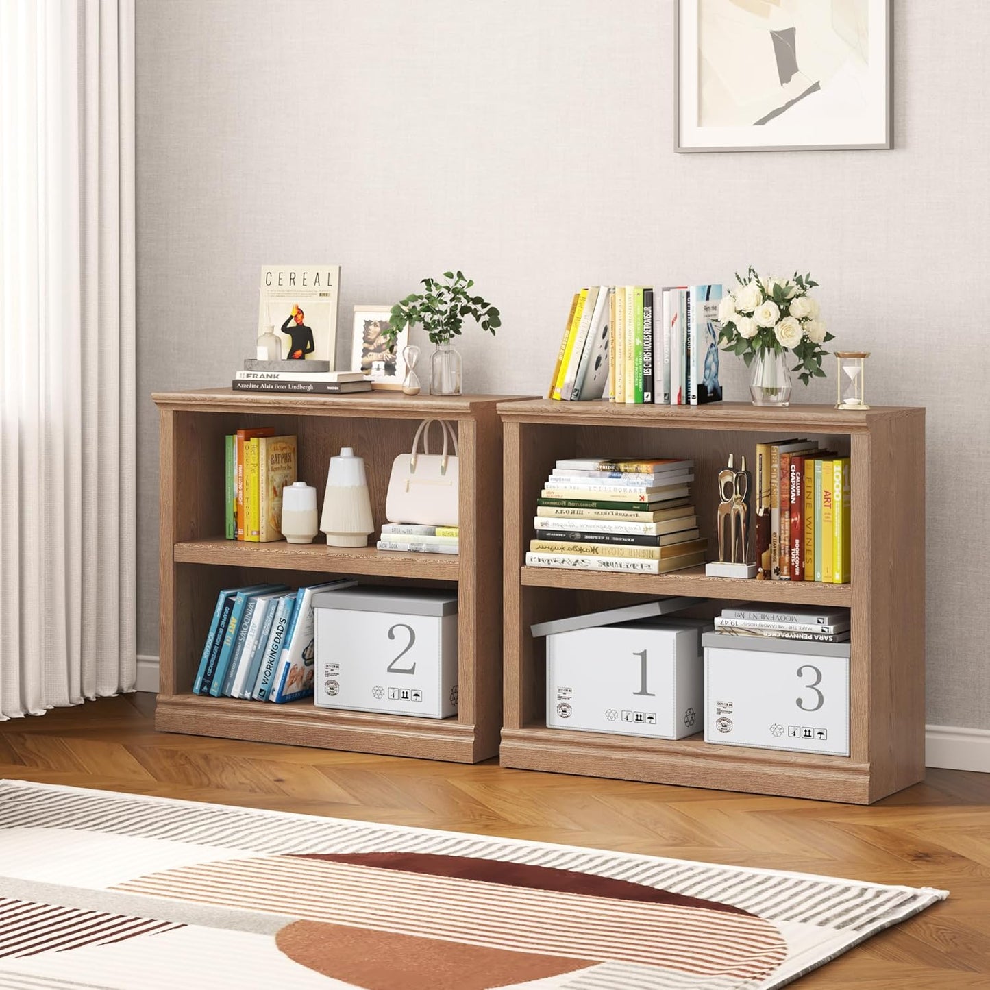 Bookcase, 2 Tiers S Bookshelf Open Storage Organization, Floor Standing Indoor Furniture Book Case for Library Office Living Room Bedroom, Salt Oak - 2 Tier