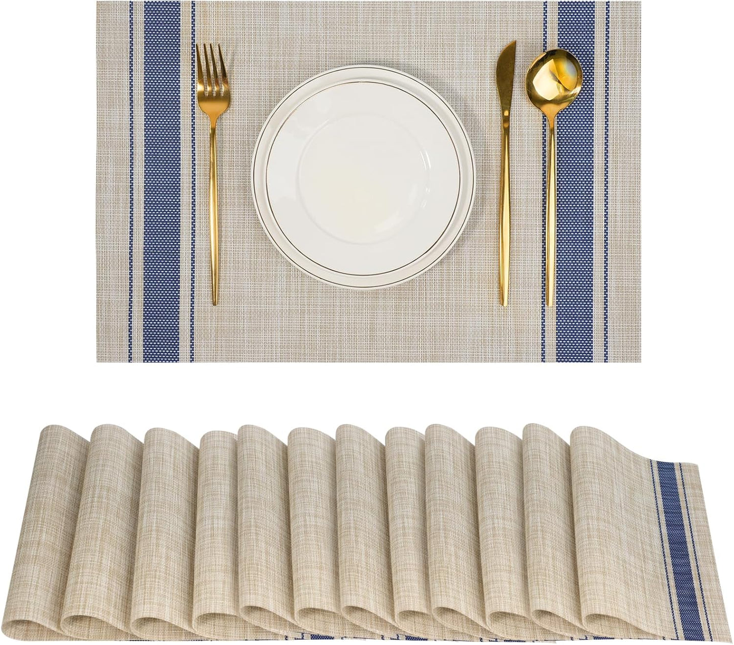 Placemats Set of 12,Non-Slip PVC Weave Table Mats Easy to Clean,Heat Resistant Place Mats for Kitchen Dining Table Decoration Indoor Outdoor,Khaki Blue