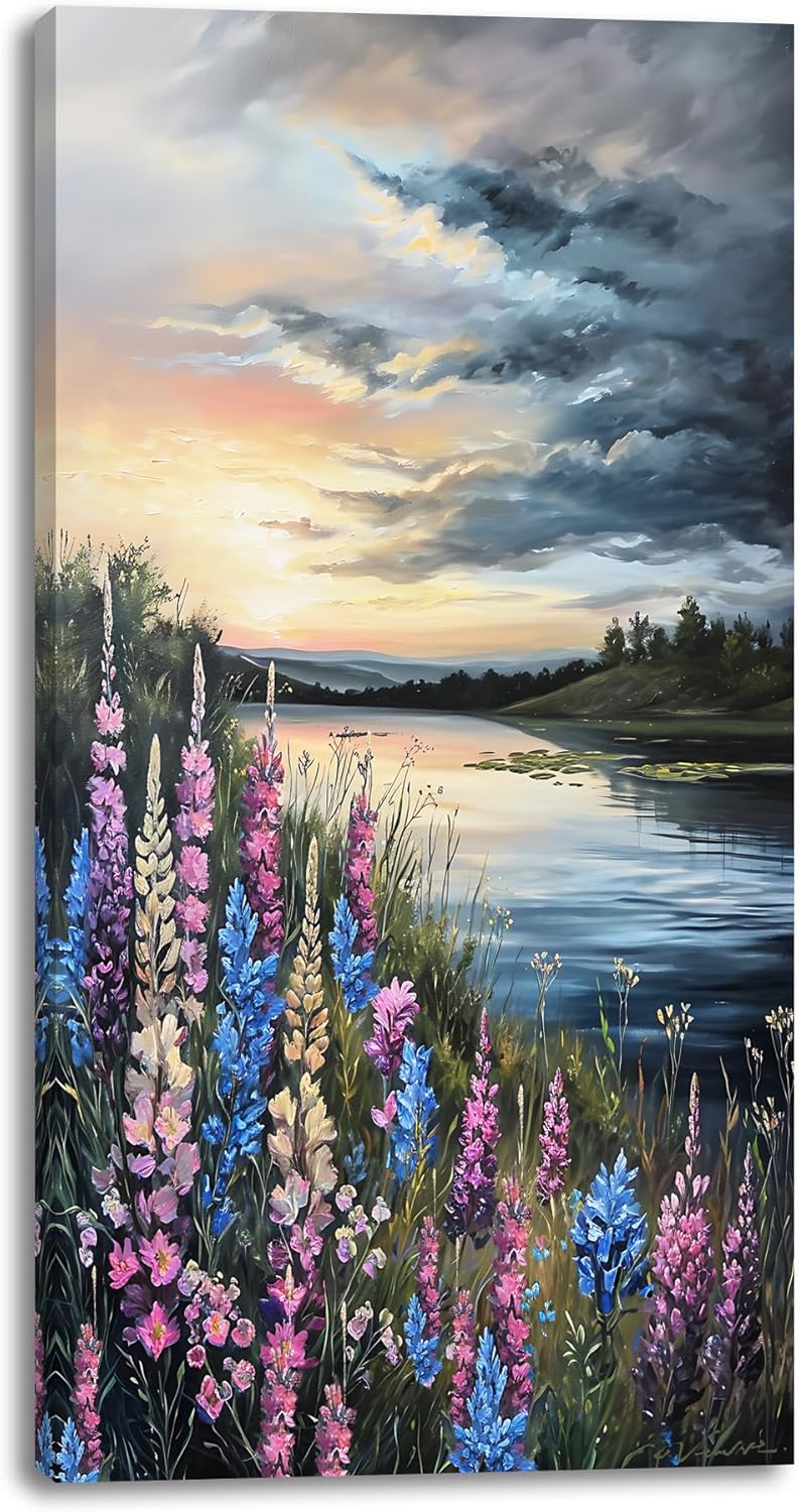 LASMOND Beautiful Colorful Grassland by Riverbank Landscape Wall Art Decor Artwork for Bedroom (20x40 Inches)