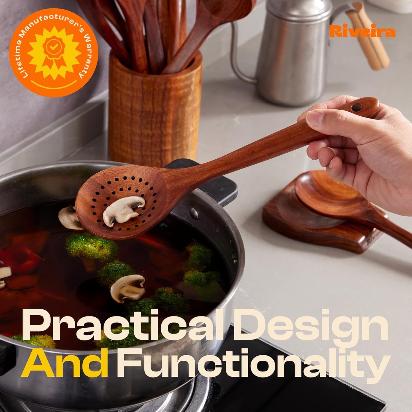 Riveira's 6-Piece Dark Brown Wooden Spoons for Cooking - Elegant Kitchen Essentials/Kitchen Utensils Set for Every Culinary Need Spatula