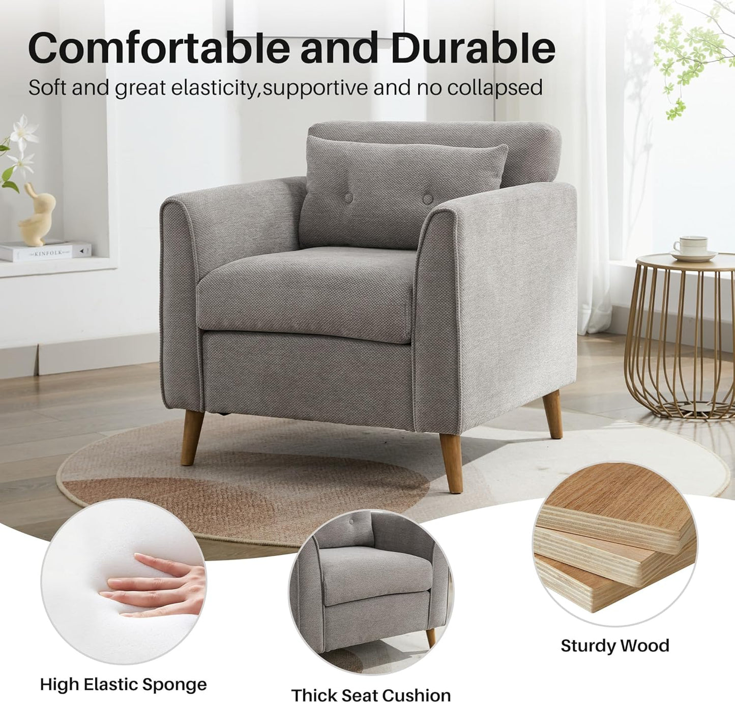 Mid Century Modern Accent Chairs, Chenille Grey Upholstered Armchair,Living Room Chairs with Wooden Legs, Side Single Sofa Chair for Bedroom, Office Cafe Waiting Room Apartment