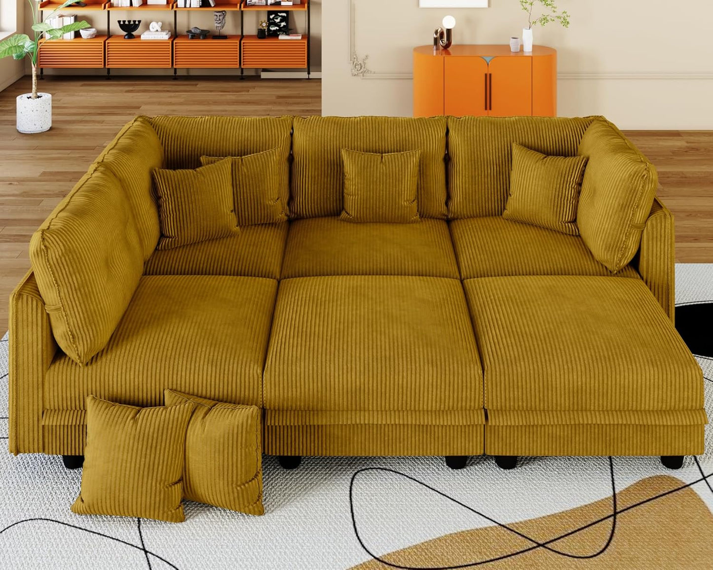 LLappuil Modular Sectional Sofa with Storage Seats, Corduroy Convertible Modular U Shaped Sectional Couch for Living Room, 6 Seat Oversized Sofa with 6 Back Cushion 6 Throw Pillow, Yellow
