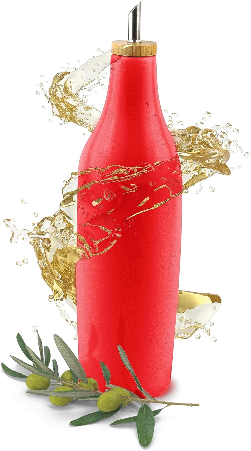 kitchentoolz Olive Oil Stoneware Dispenser Bottle, Ceramic 16 Oz Container for EVOO or Vinegar Kitchen Counter, Red
