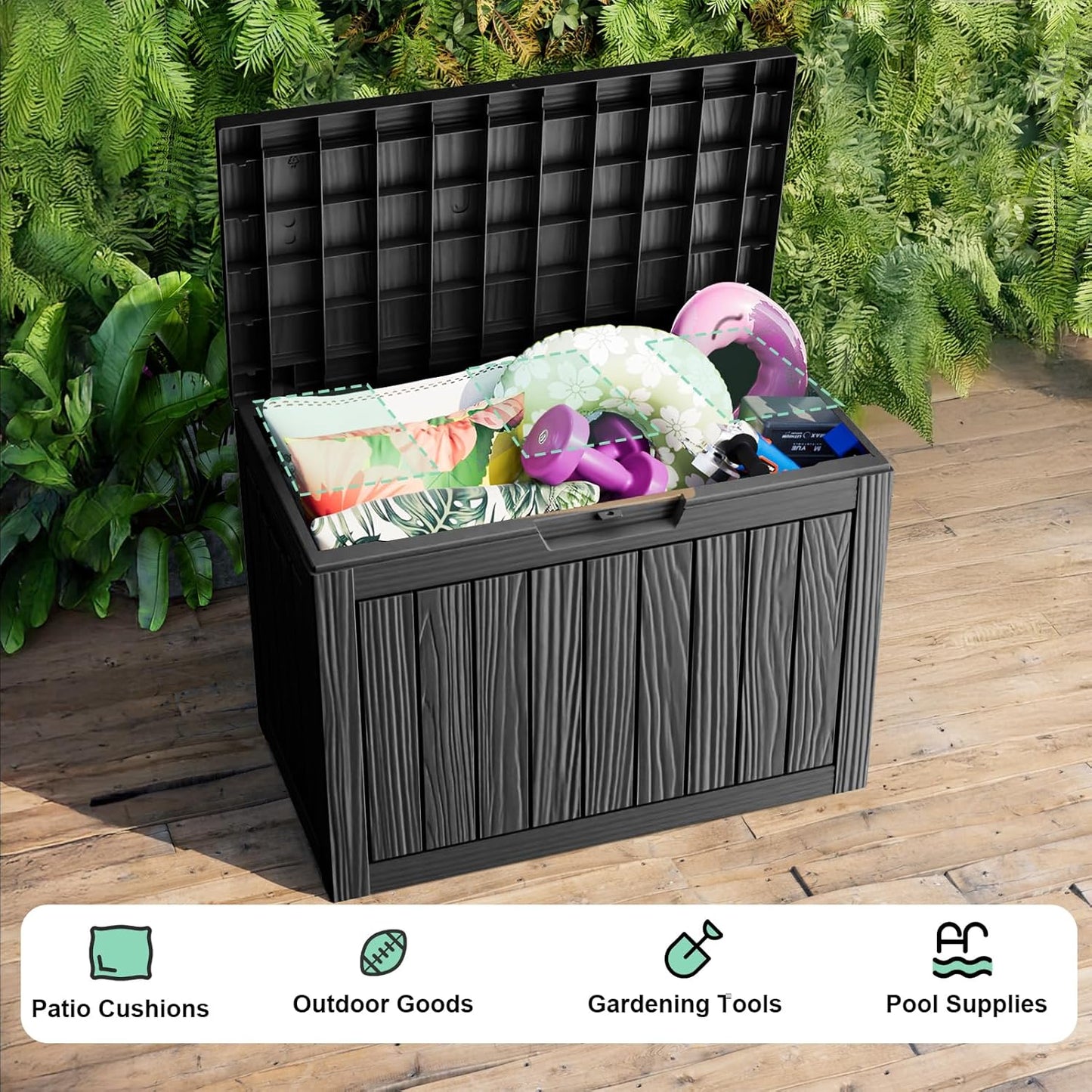 45 Gallon Resin Deck Box, Lockable Outdoor Storage Box for Patio Cushions Storage Furniture,Garden Tools, Pool Supplies, Weatherproof and UV Resistant(Black)