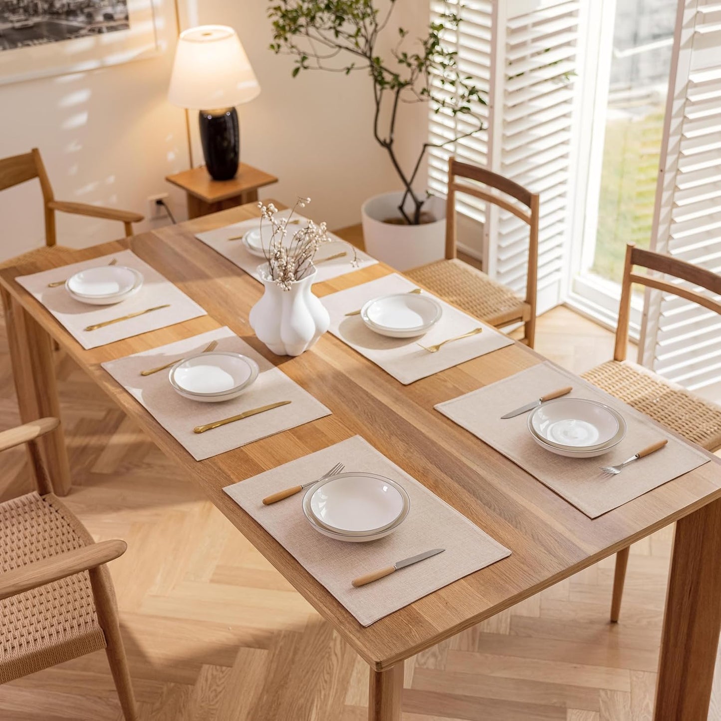 Demetex Placemats Set of 6 Heat Resistant Dining Table Mats Linen Cloth Placemats for Kitchen Indoor Outdoor Place Mats, Light Linen