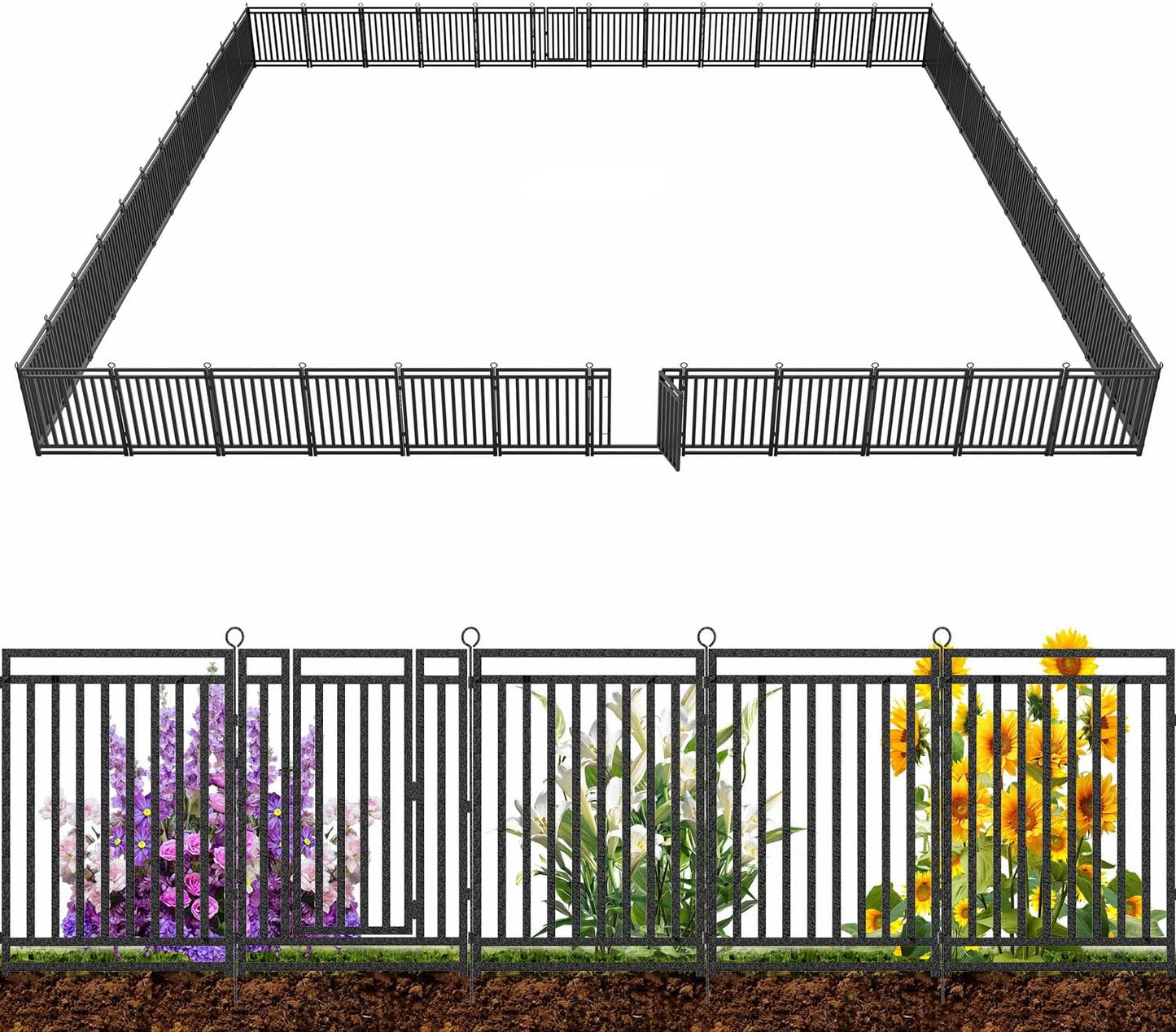 Decorative Garden Fence Metal Dog Fence Outdoor for Yard, 110ft (L) × 32in (H), 42 Panels + 6 Gates, Rustproof Animal Barrier Fencing for Patio & Flower Bed, No Dig, Black-Silver
