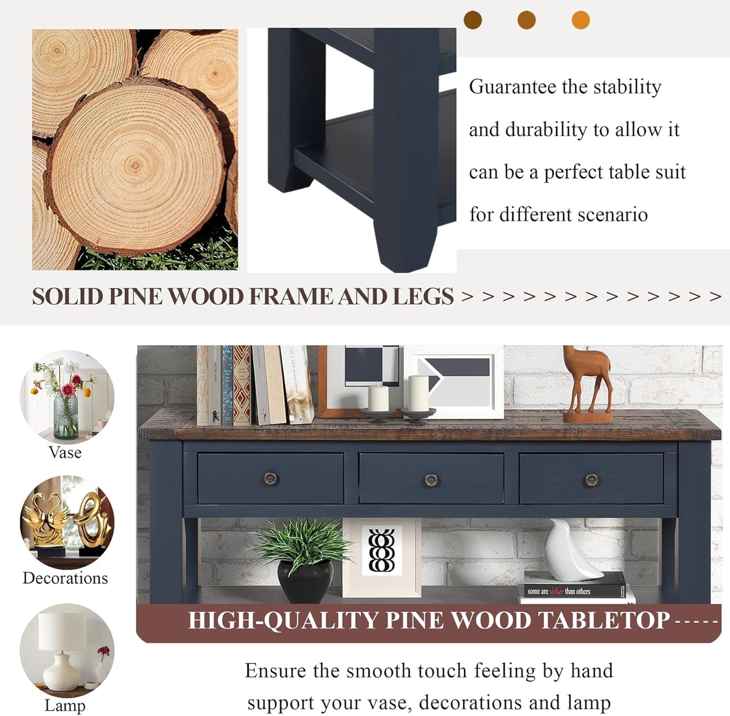 Solid Wood Console Table Sofa Table with Storage Drawers and Bottom Shelf Entryway Table for Entry Hallway Foyer Sofa Couch Table Fully Assembled (48.8" Blue)