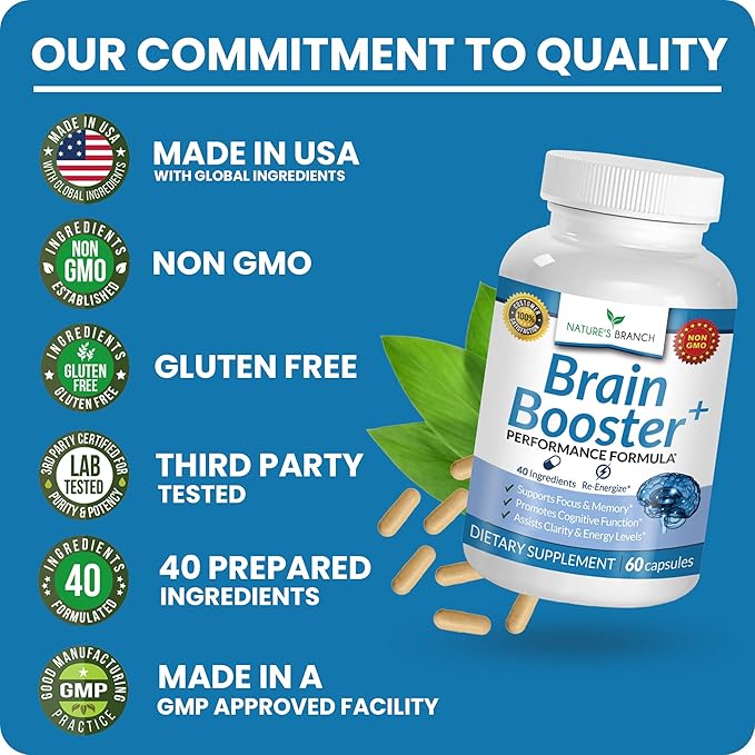 40-in-1 Brain Booster Supplement For Focus, Memory, Clarity, Energy | Advanced Vitamins Plus eBook | For Men & Women, Cognitive Function Nootropic Support with DMAE, Brain Health Formula | 60 Capsules