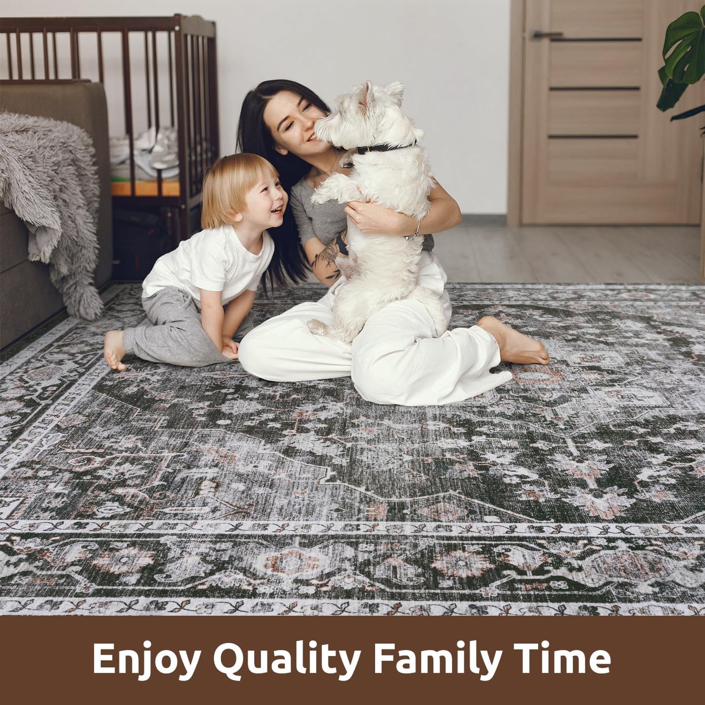 AMOAMI-Area Rug 8X10 Rugs for Living Room-Vintage Soft Black Rugs for Bedroom-Non Slip Carpet-Washable Rug for Dining Room Living Room Bedroom Office Under Table Dark Grey & Black