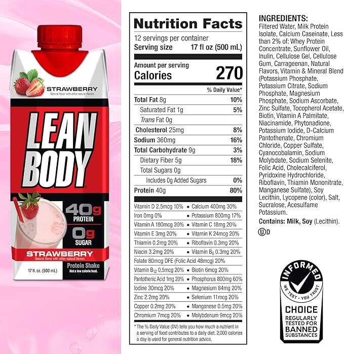 Labrada Lean Body Ready-to-Drink Strawberry Protein 40g Protein, 0 Sugar, 22 Vitamins 17 Ounce 12) LABRADA