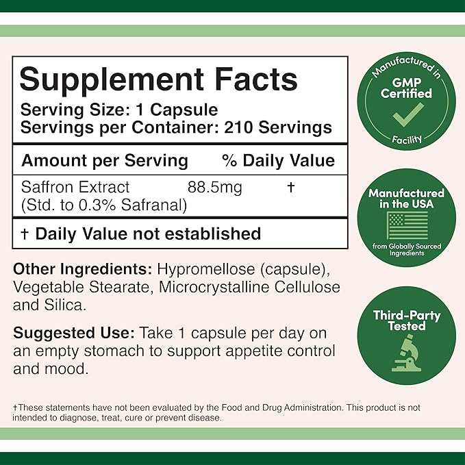 Saffron Supplement for Focus - Saffron Extract 88.5mg Vegan Capsules (210 Count) Minor Appetite Suppressant for Healthy Weight Management (Supports Eye, Retina, and Lens Health) by Double Wood