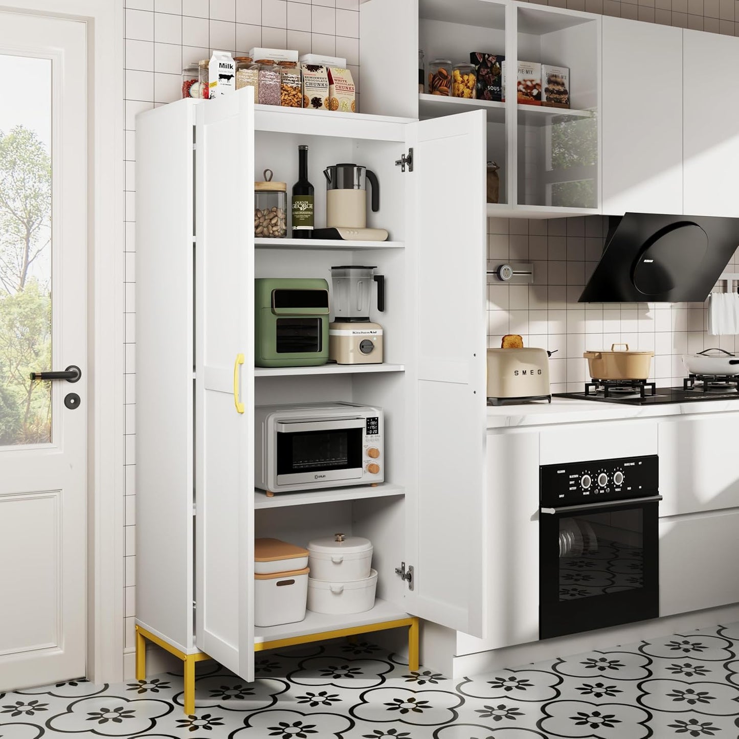 Tall Storage Cabinet, Kitchen Pantry Cabinet with 2 Doors & Adjustable Shelves for Laundry Room, Living Room, Entryway,Bathroom,White