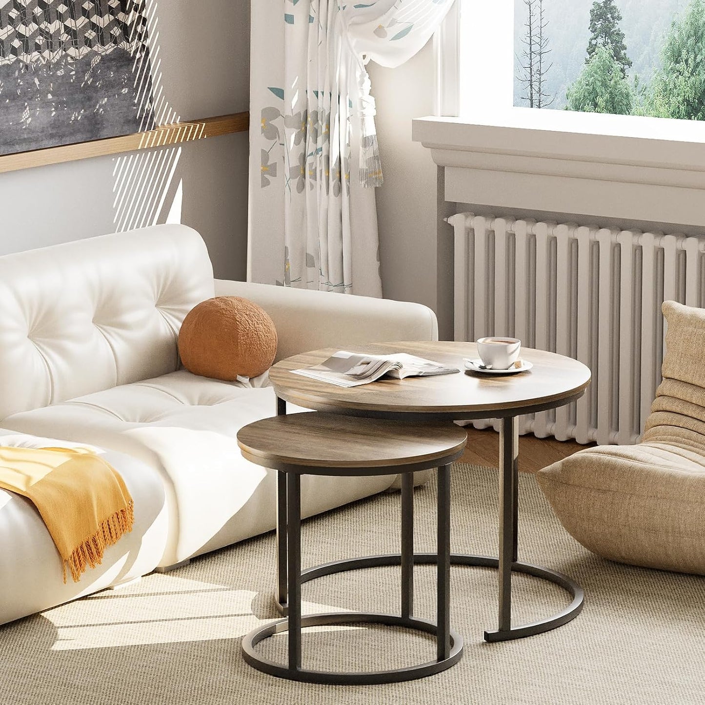 aboxoo Coffee Table Nesting Side Round Table Set of 2 End Table with Sturdy Metal Frame for Living Room Bedroom Apartment Modern Industrial Simple Nightstand,Oak