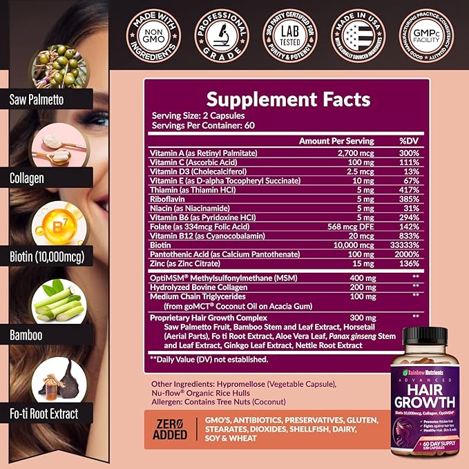 Hair Growth Vitamins for Women 10,000mcg, Collagen, 60 Day